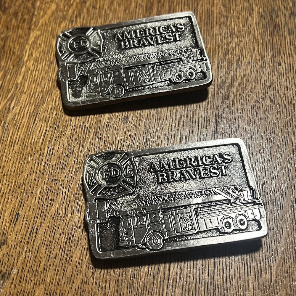 Missing Pin AMERICA'S BRAVEST FIRETRUCK  LADDER TRUCK Lot of 2 BELTBUCKLE